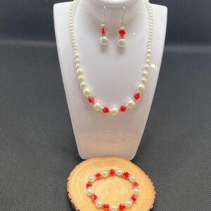 Elegant Pearl and Red Crystal Jewelry Set